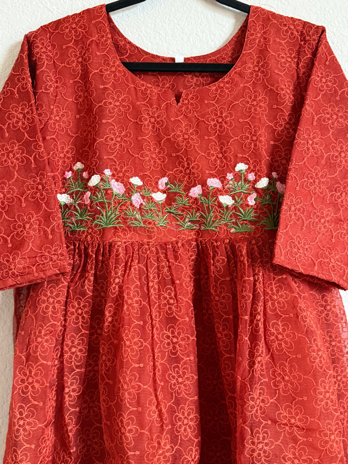 Rust Orange Net Kota Embroidered Frock