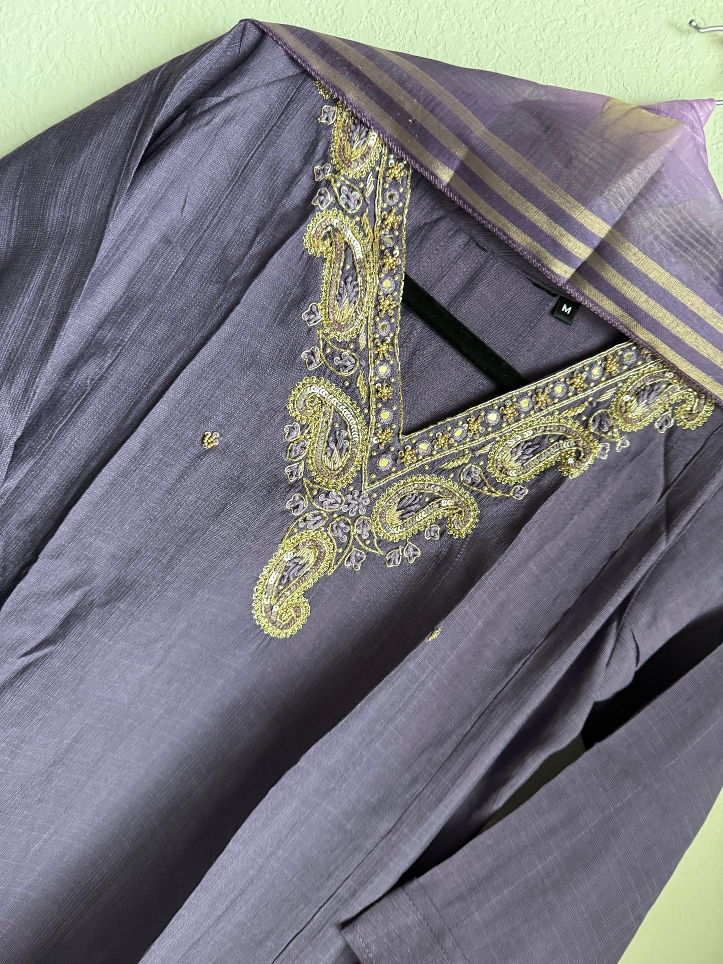 Purple shade vatican silk handwork anarkali kurti set with floral dupatta