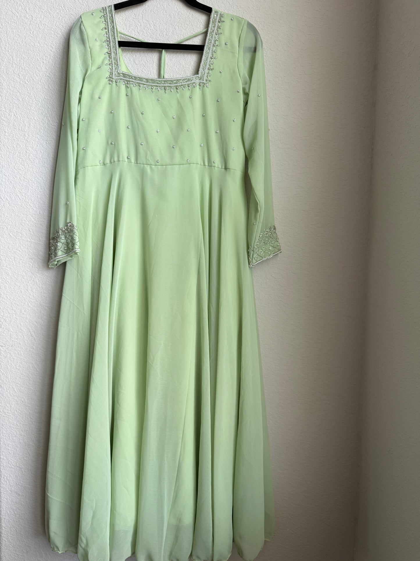 Pista green maggam work georgette heavy flare anarkali tunic