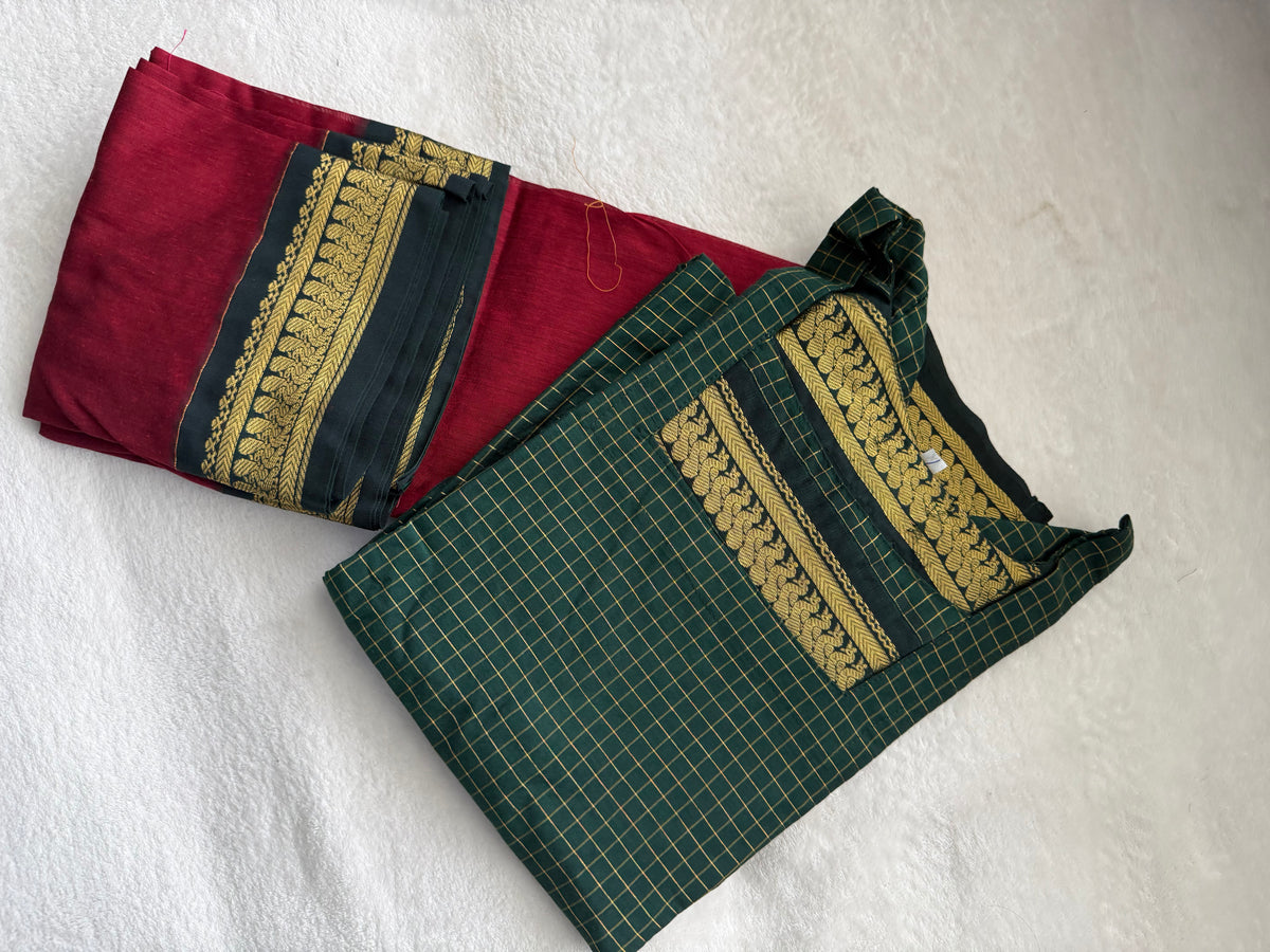Green with Maroon Handloom Checks Top and Dupatta Set