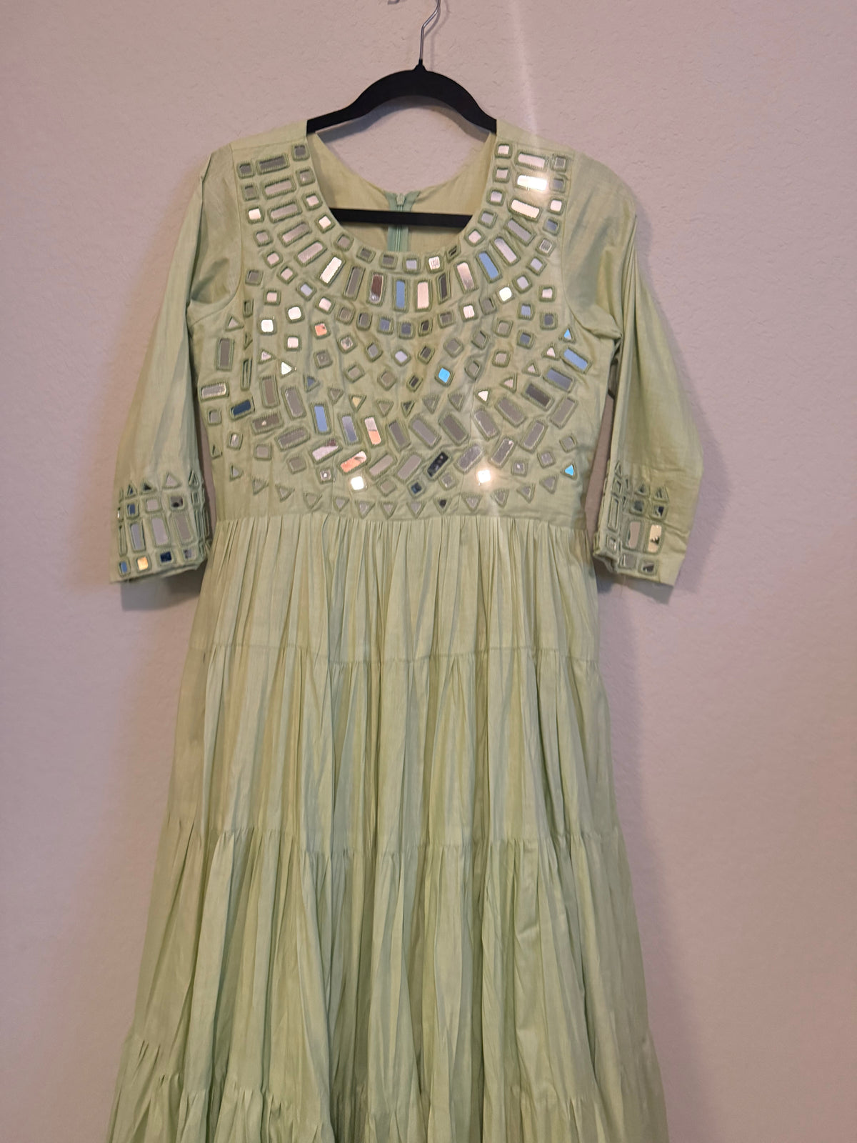 Pista Green Mirror Work Heavy Flared Anarkali Long Dress