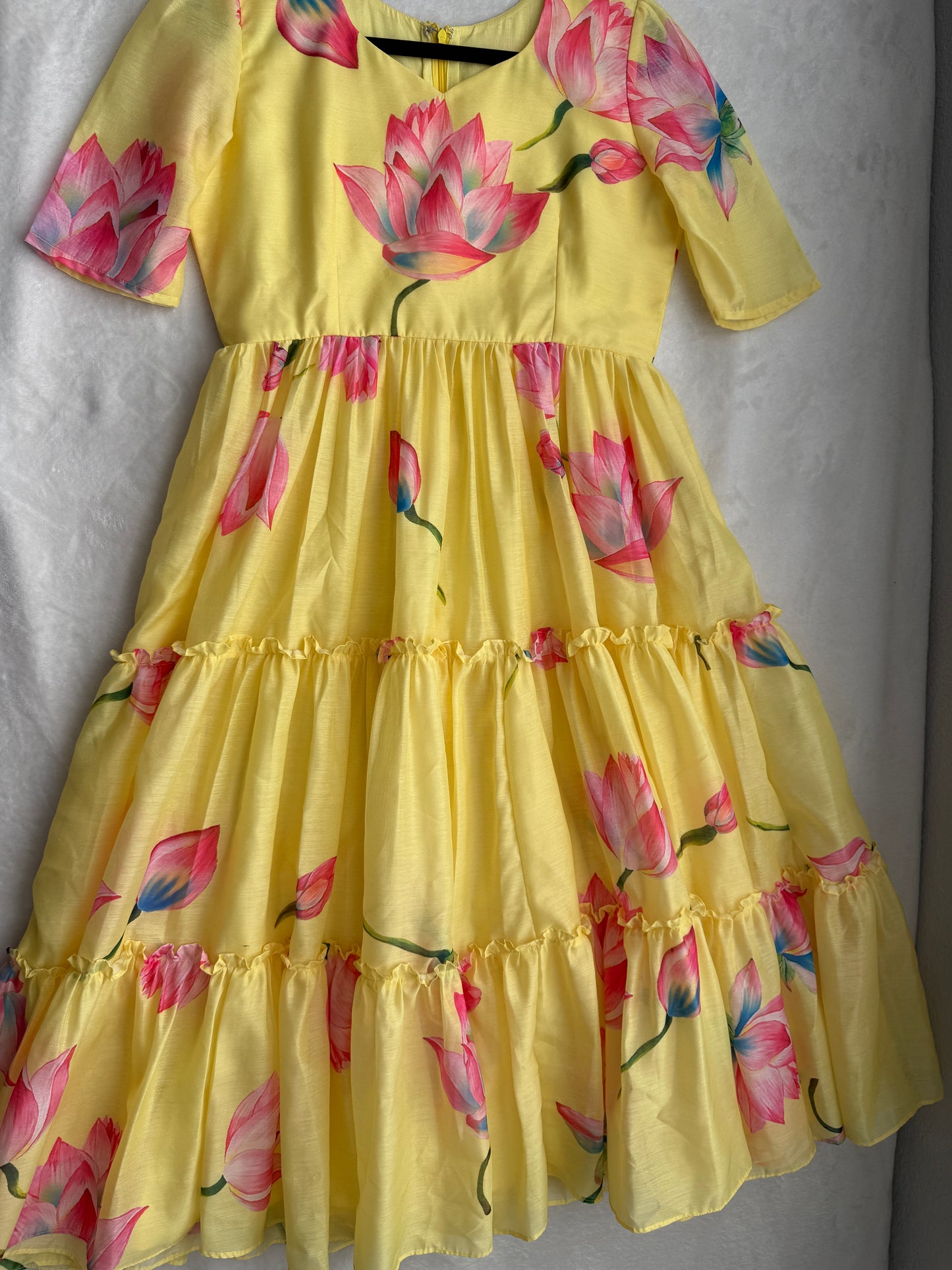 Yellow floral chanderi three tier midi dress