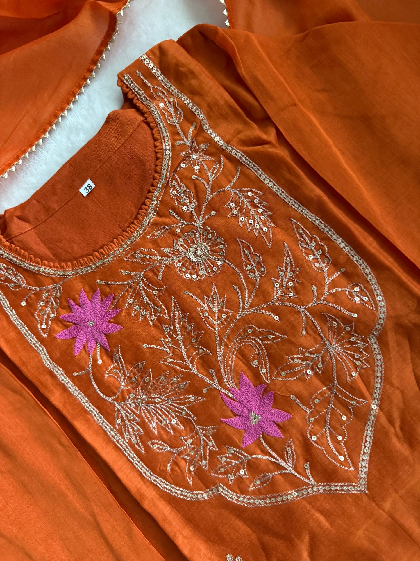 Rust Orange Mul Chanderi Straight Cut Kurti Set with Dupatta – Elegant Party & Festive Wear
