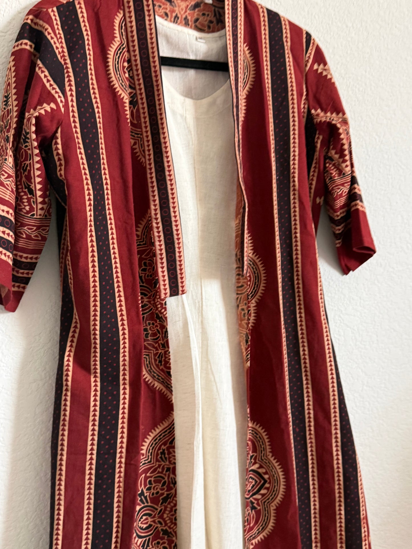 Maroon Ajrakh Coat Model Dress with Half White Cotton Sleeveless Inner