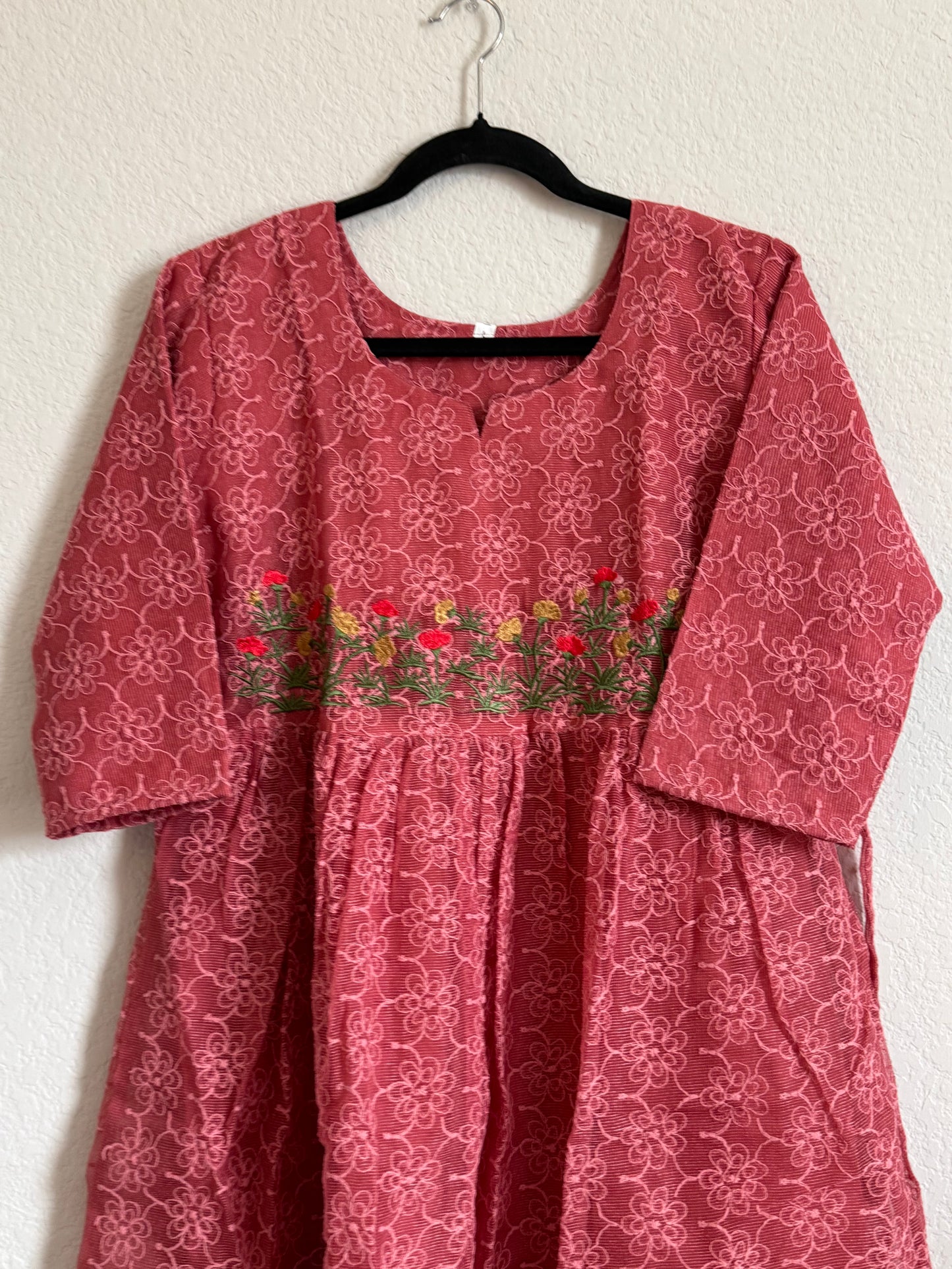 Peach Net Kota Embroidered Frock