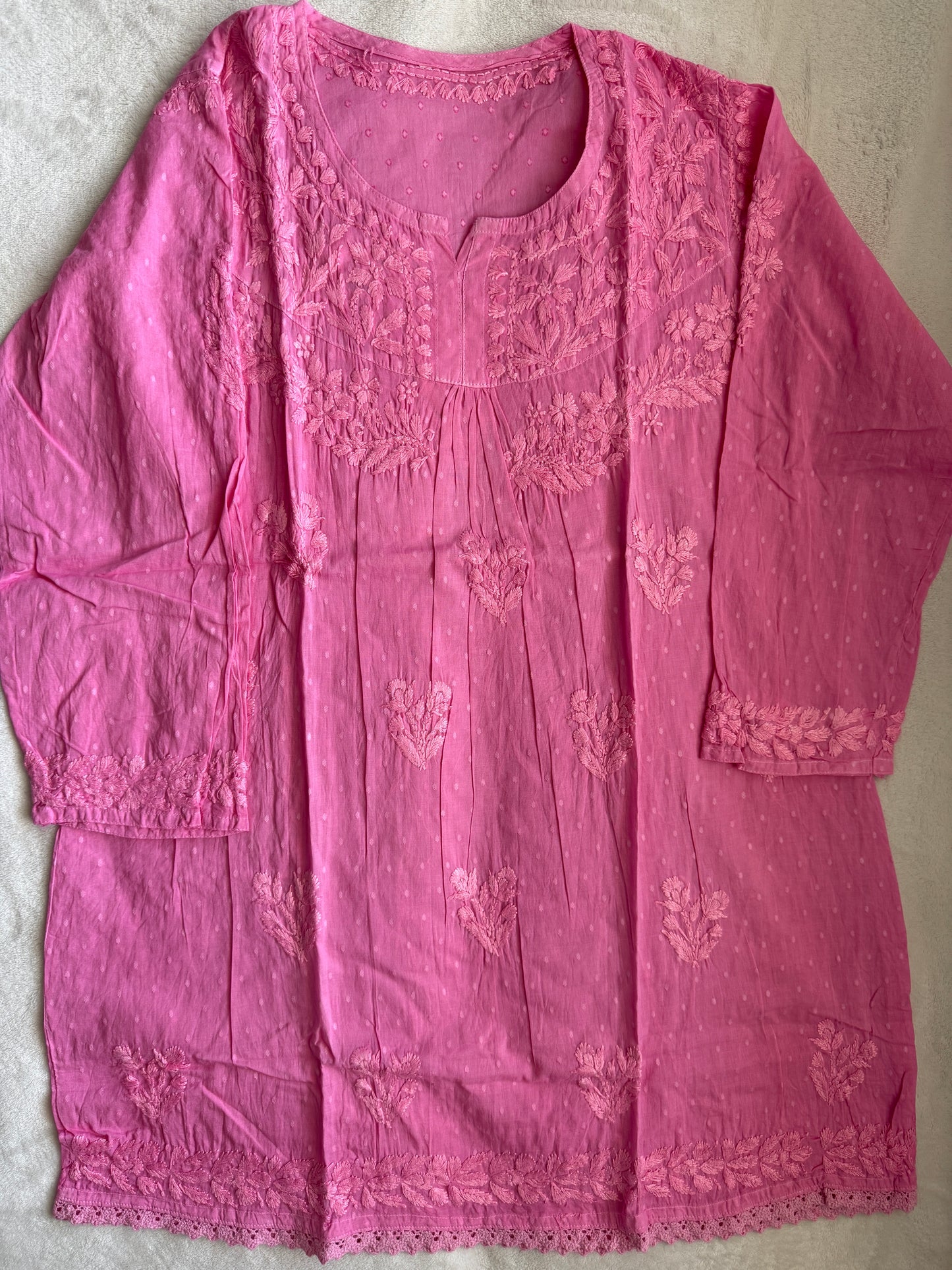 Pink dolby cotton chikankari short kurti