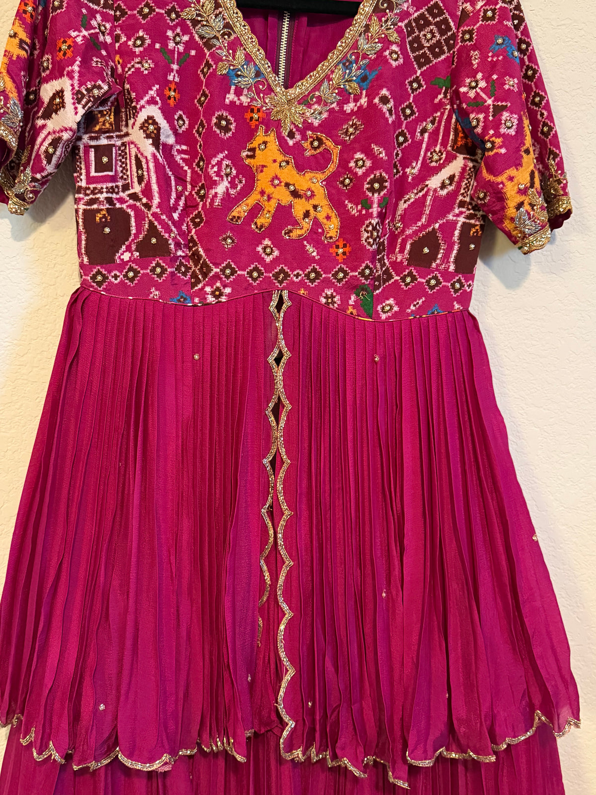 Magenta Orange Pure Patola Peplum Top with Skirt Set