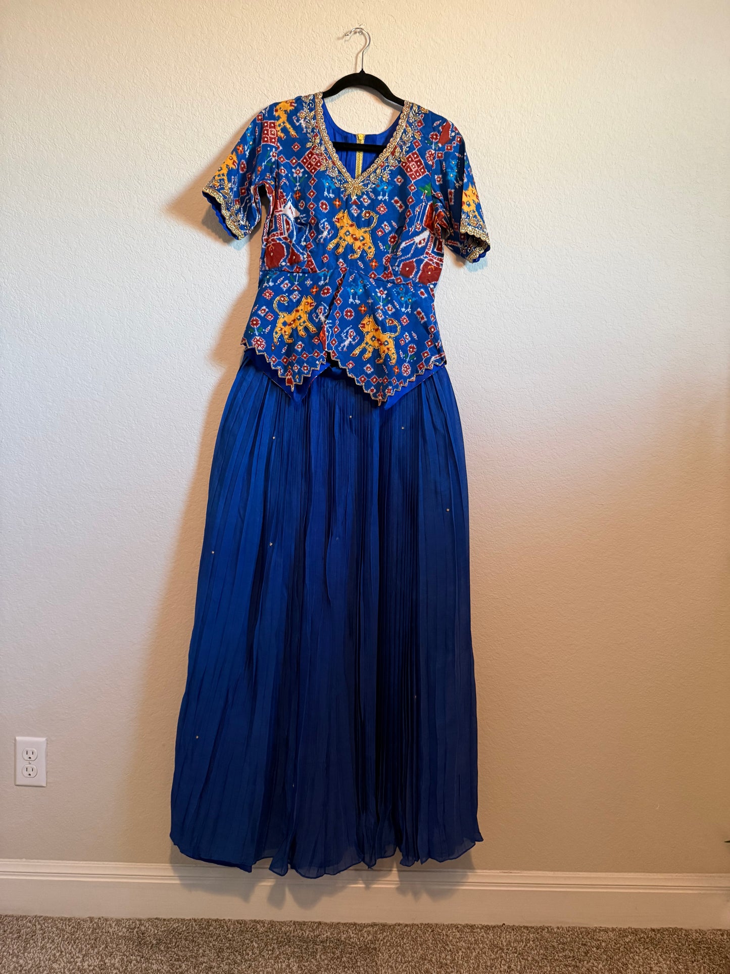 Blue Pure Patola Diamond Cut Pattern Peplum Top with Skirt Set
