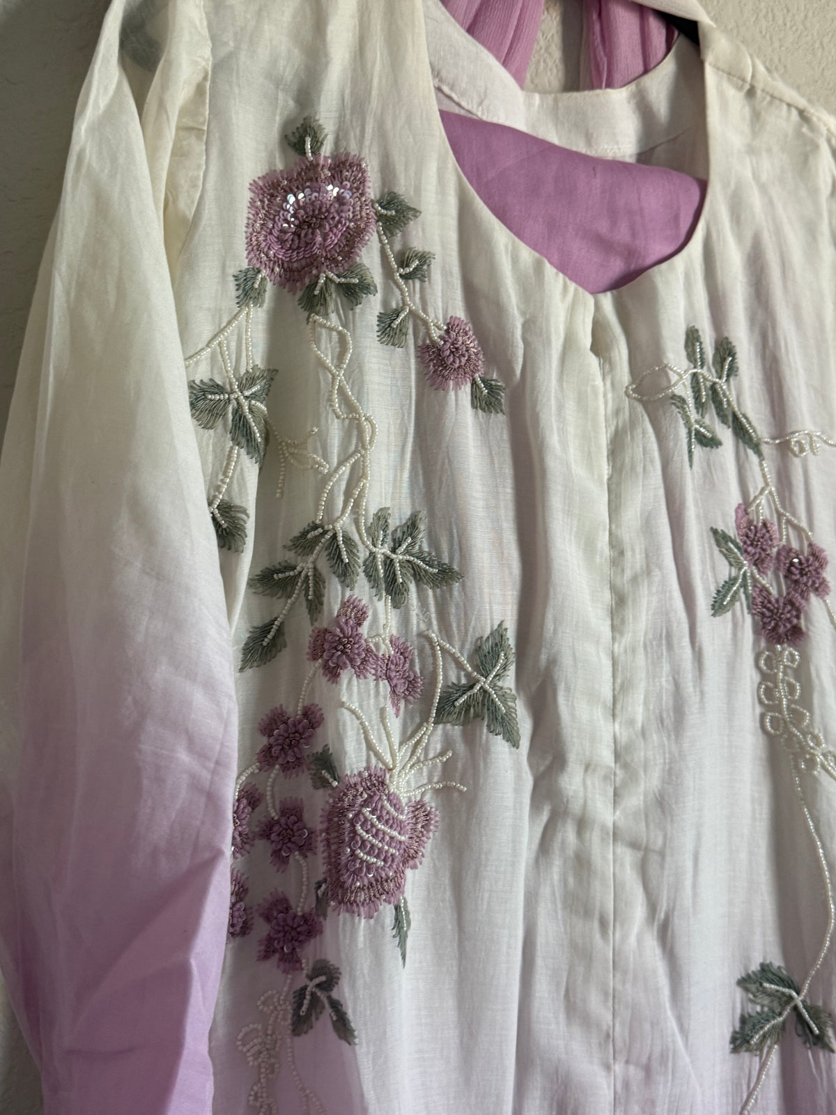 Half white and light pink mul chanderi handwork aline suit