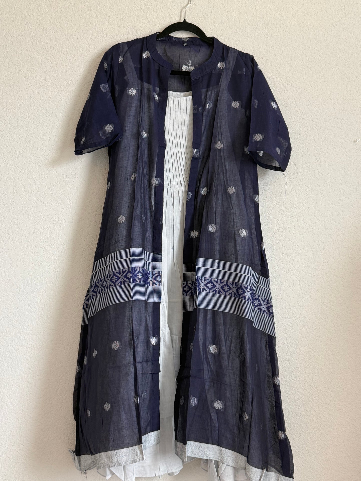 Navy Blue Jamdani Overcoat Dress with Gray Sleeveless Tunic