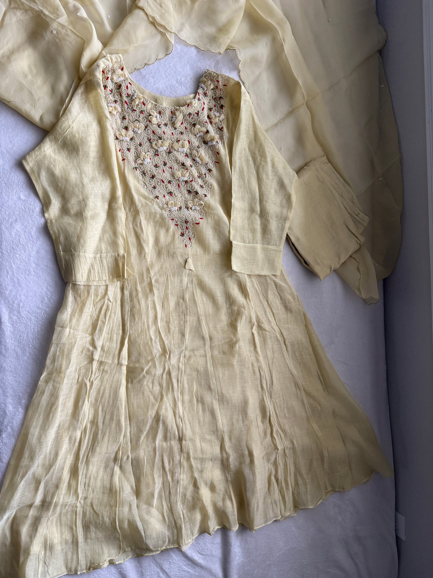 Pastel Yellow Mul Chanderi Kurti Set with Pearl Work and Organza Dupatta – Festive Indian Designer Suit