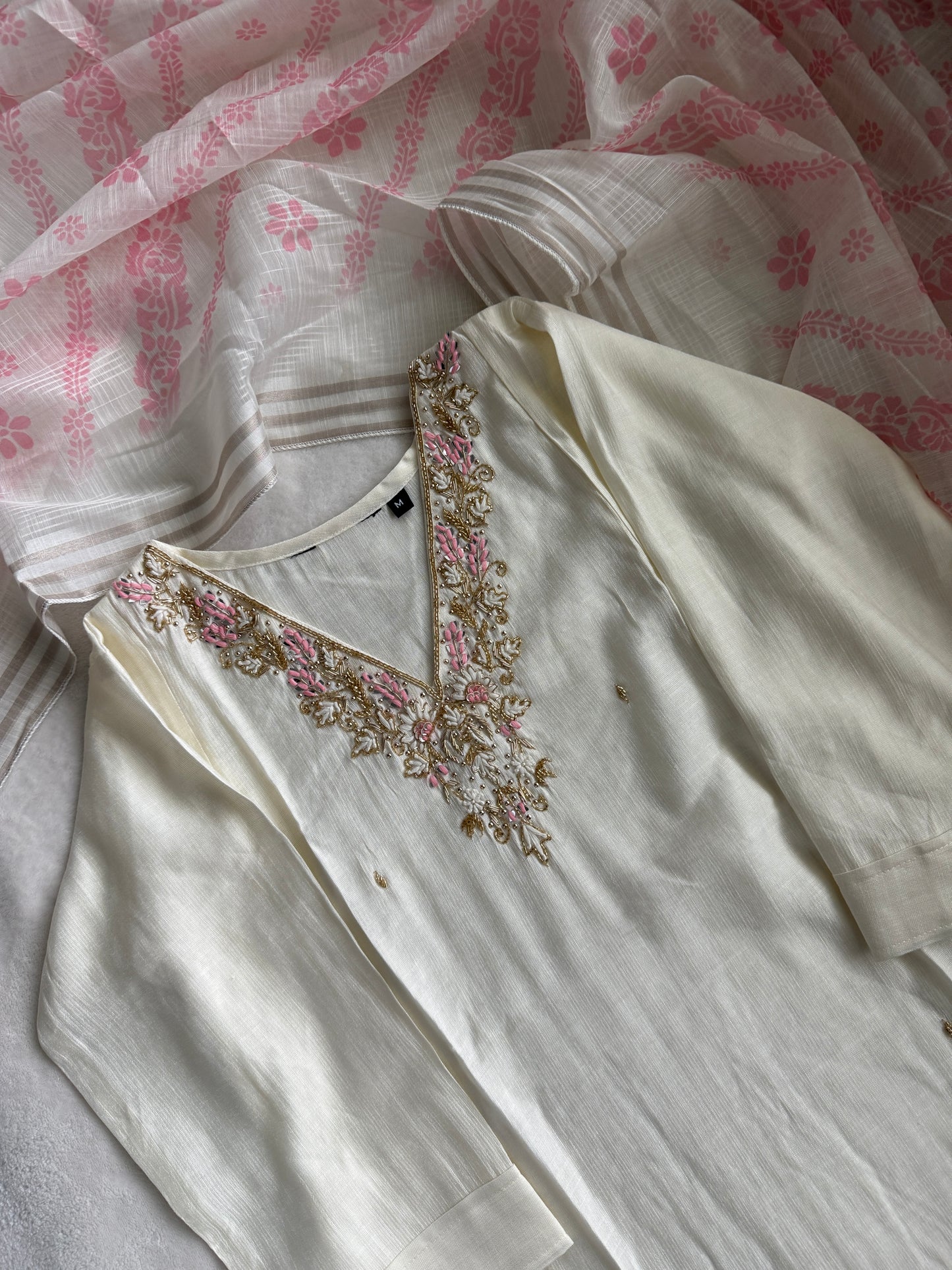 Ivory shade vatican silk handwork anarkali kurti set with floral dupatta