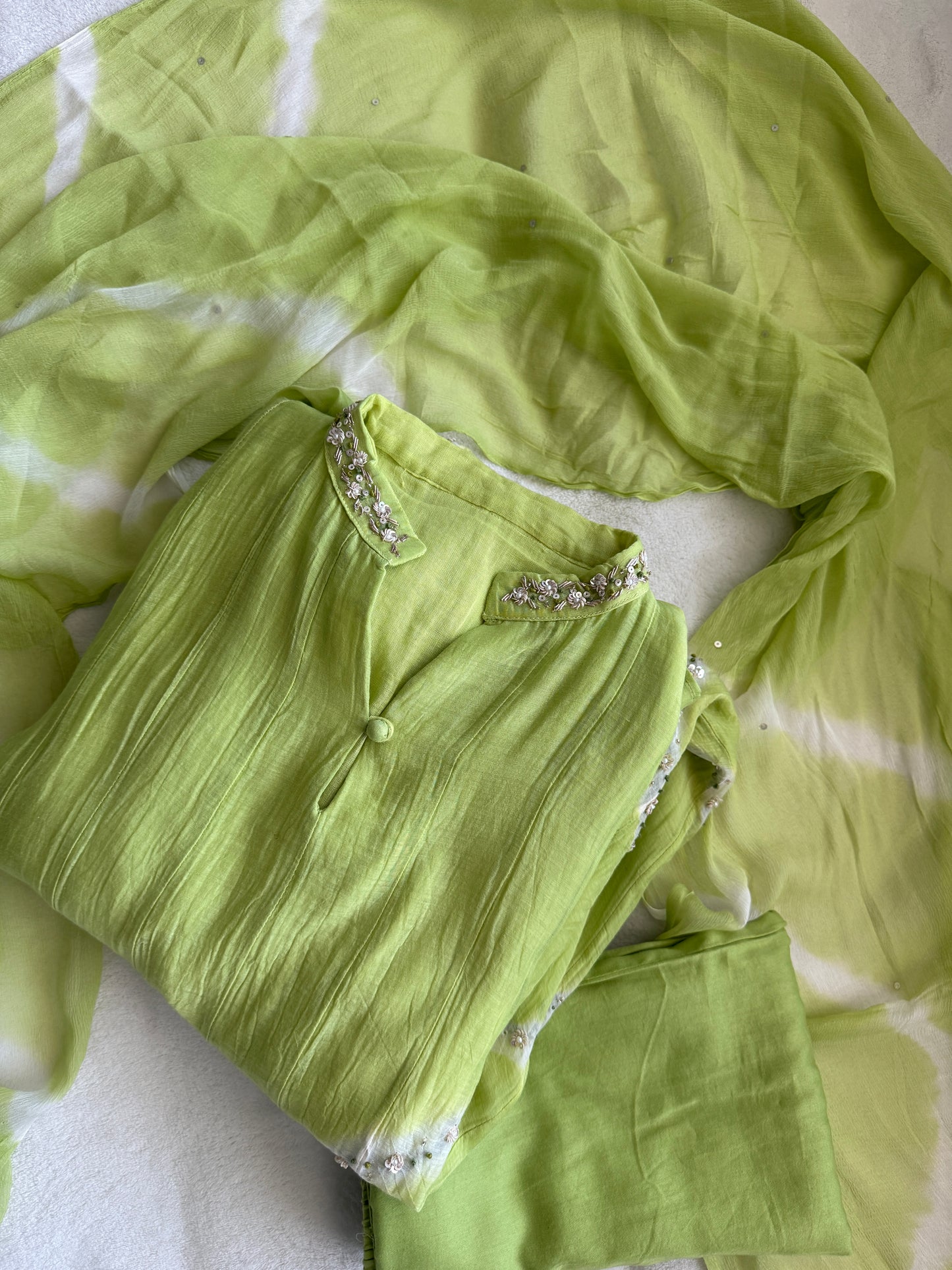 Parrot green mul chanderi A-line kurti set with chiffon dupatta