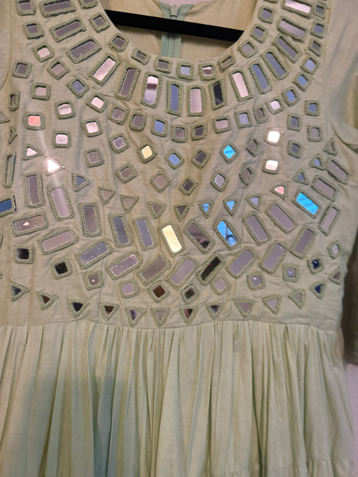 Pista Green Mirror Work Heavy Flared Anarkali Long Dress
