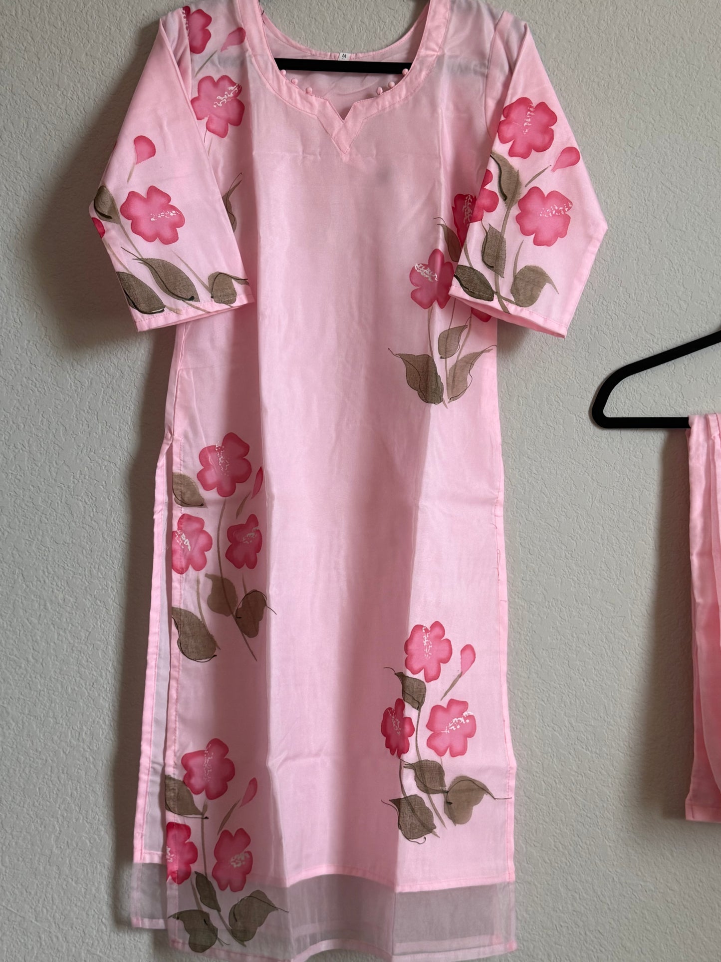 Light Pink Organza Handpainted Coord Set