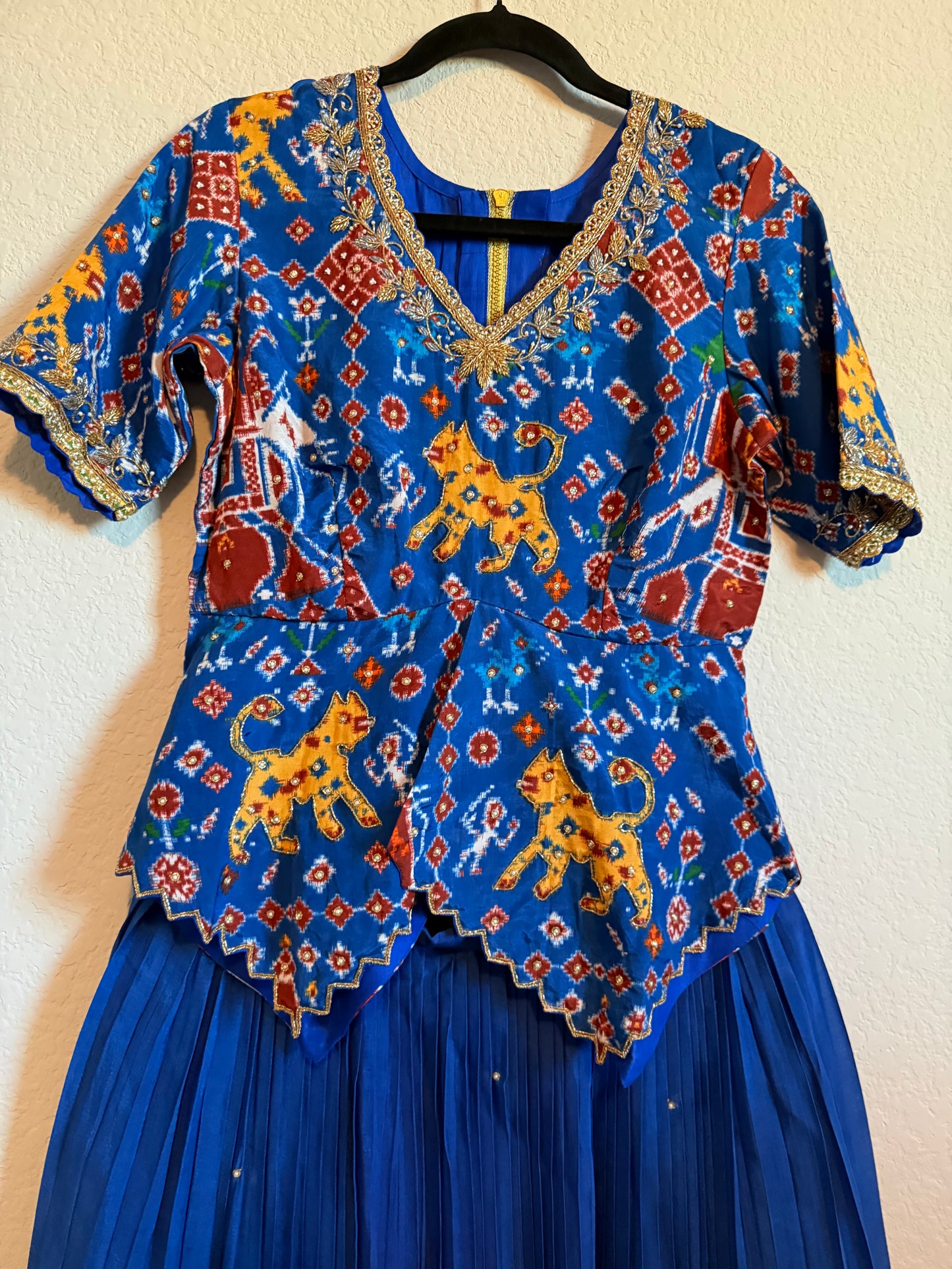 Blue Pure Patola Diamond Cut Pattern Peplum Top with Skirt Set