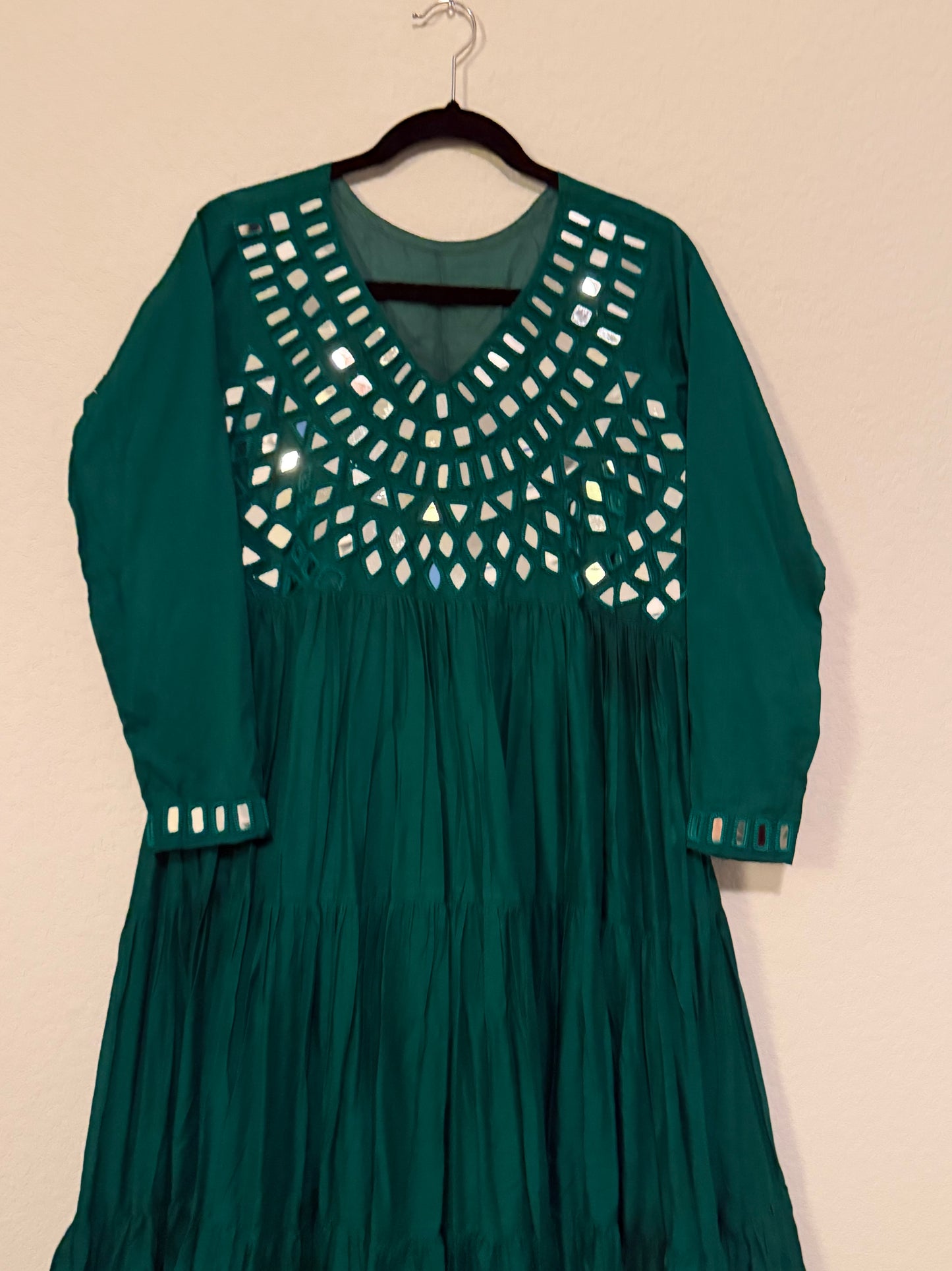 Green Handwork Mirror Work Heavy Flared Anarkali Long Dress