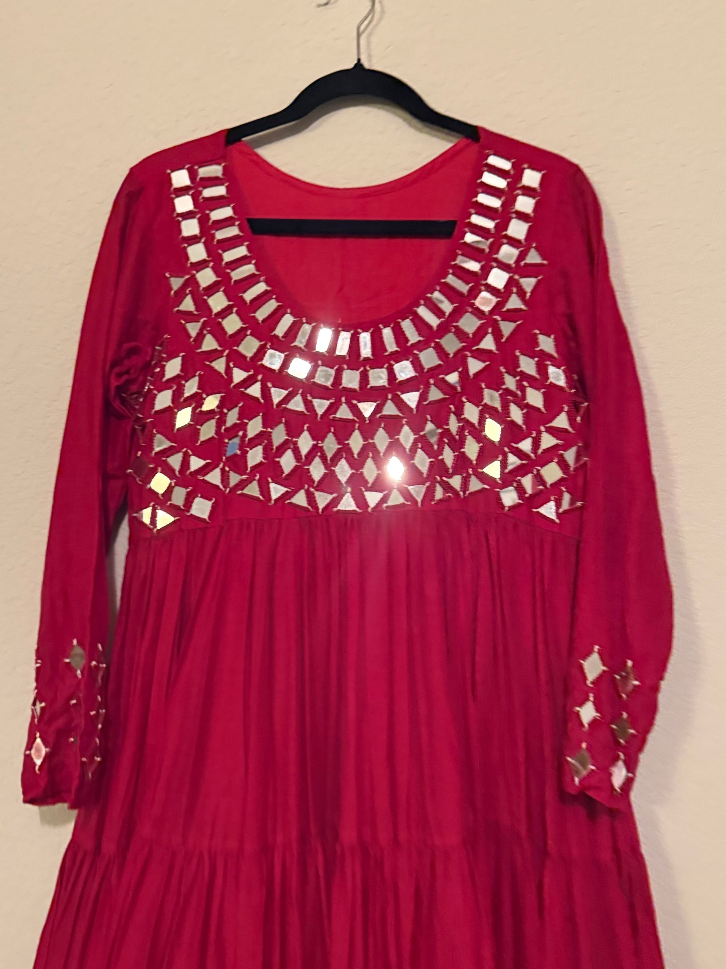 Pink Handwork Mirror Work Heavy Flared Anarkali Long Dress