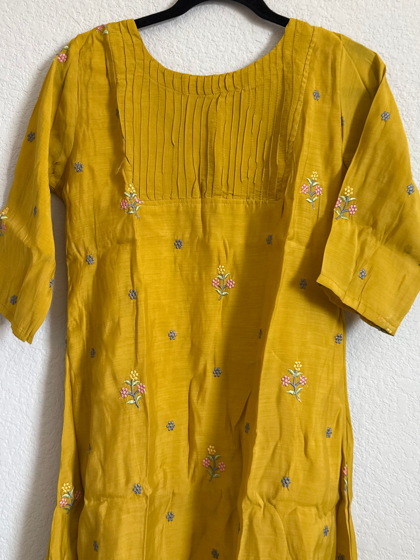 Yellow Floral Embroidered Mul Chanderi A-line Kurti