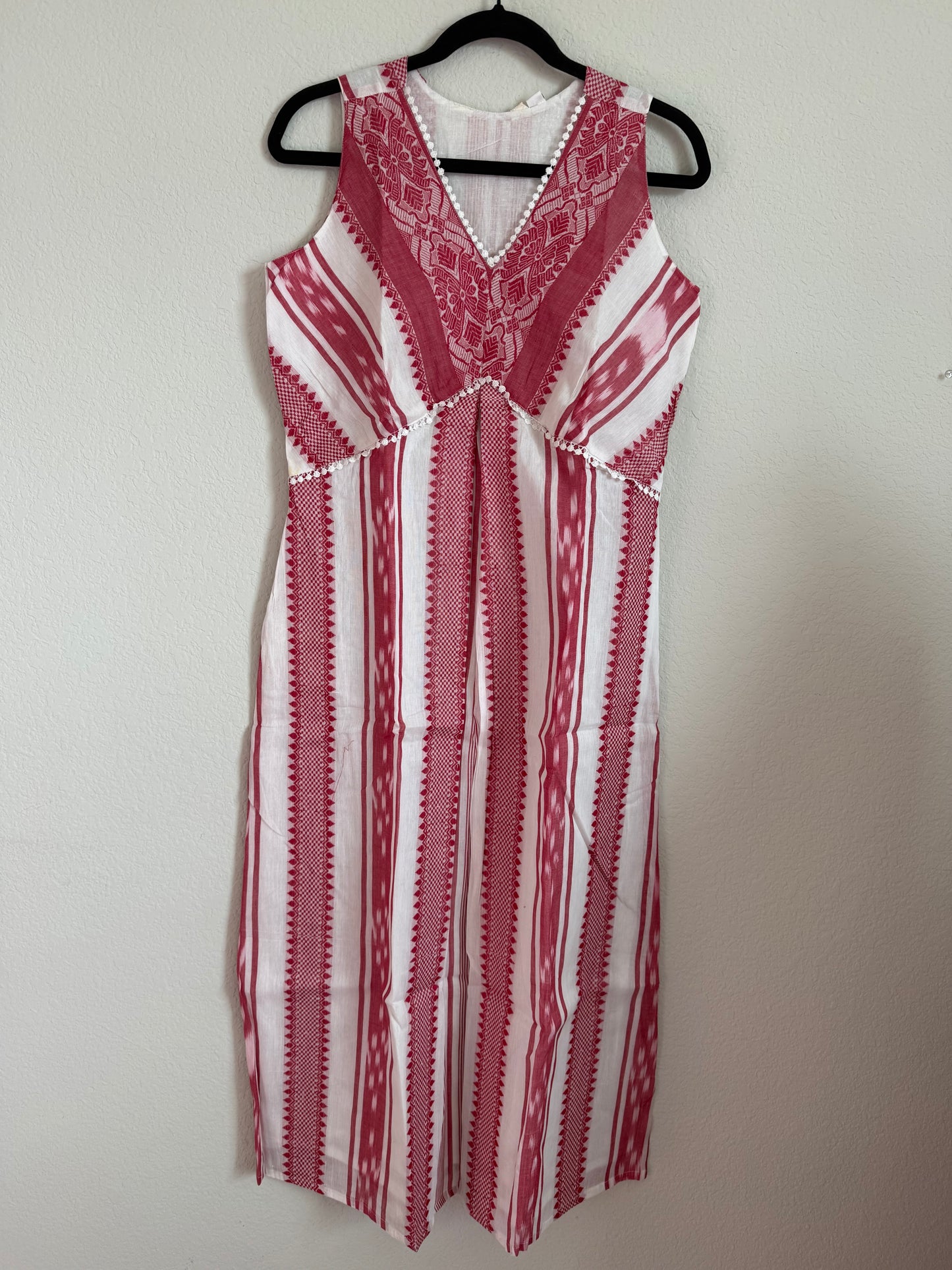 White and Red Summer Cotton Ikkath Sleeveless Dress - Sleeves available inside