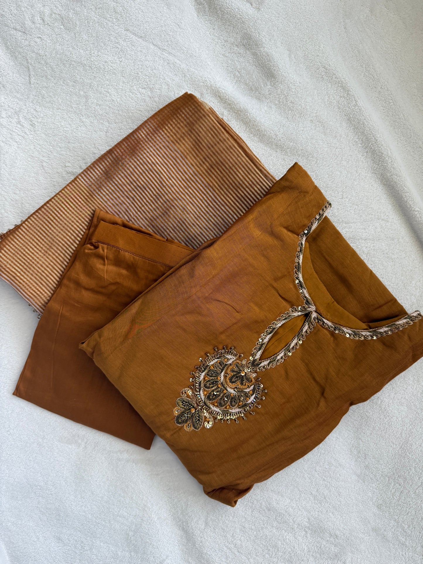 Coffee Brown Shade pure mul chanderi handwork suit set with tissue dupatta