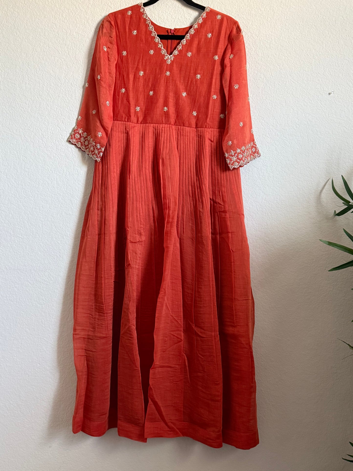 Rust Orange Mul Chanderi Handwork Designer Dress