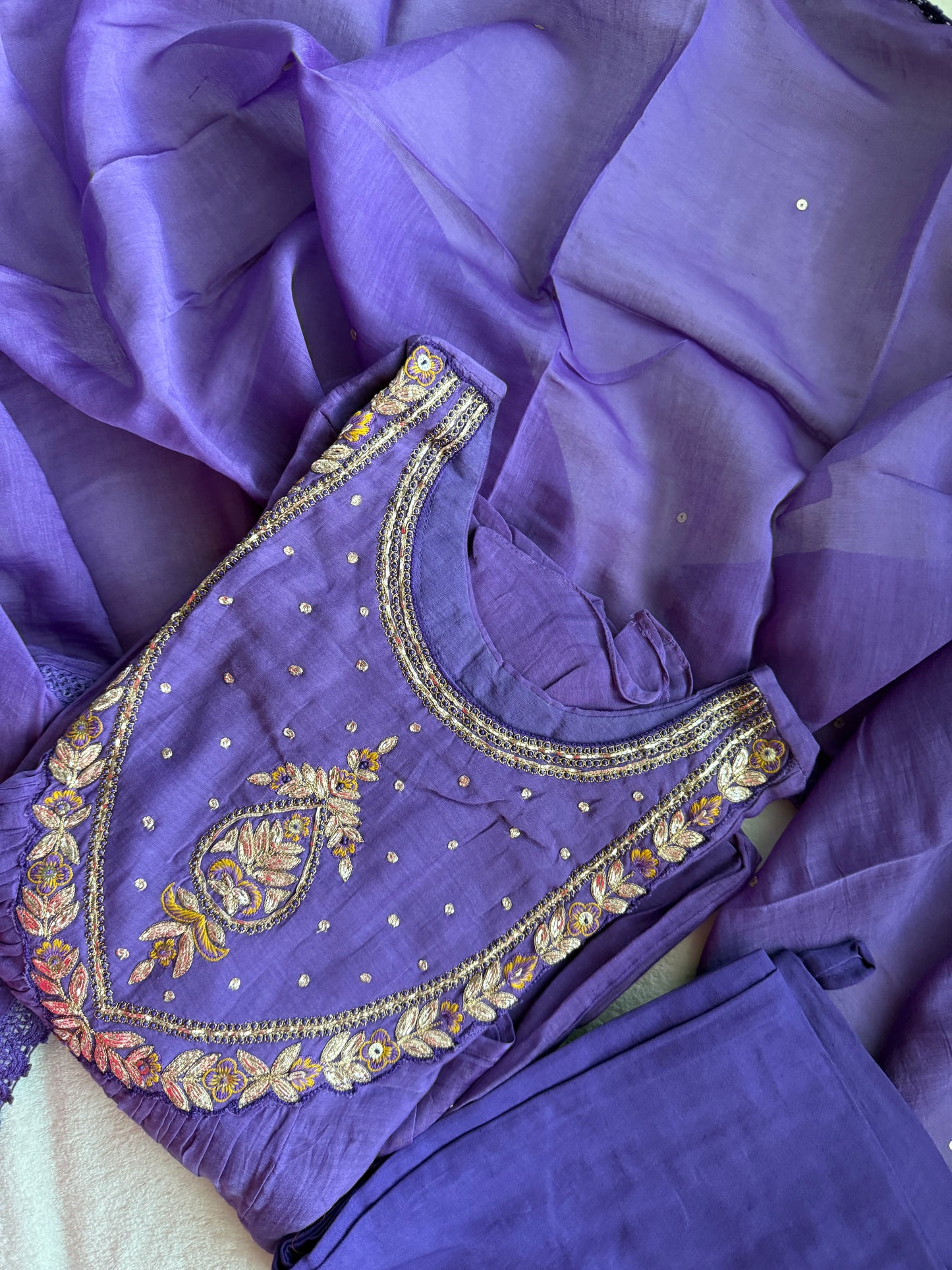 Purple mul chanderi designer A-line kurti set