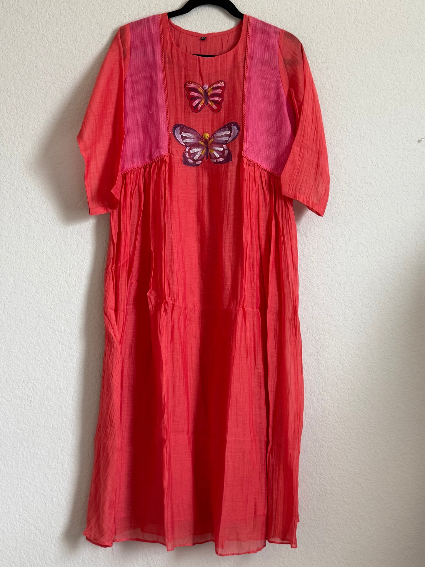 Coral Pink Mul Chanderi Handpainted Butterfly Design Tunic
