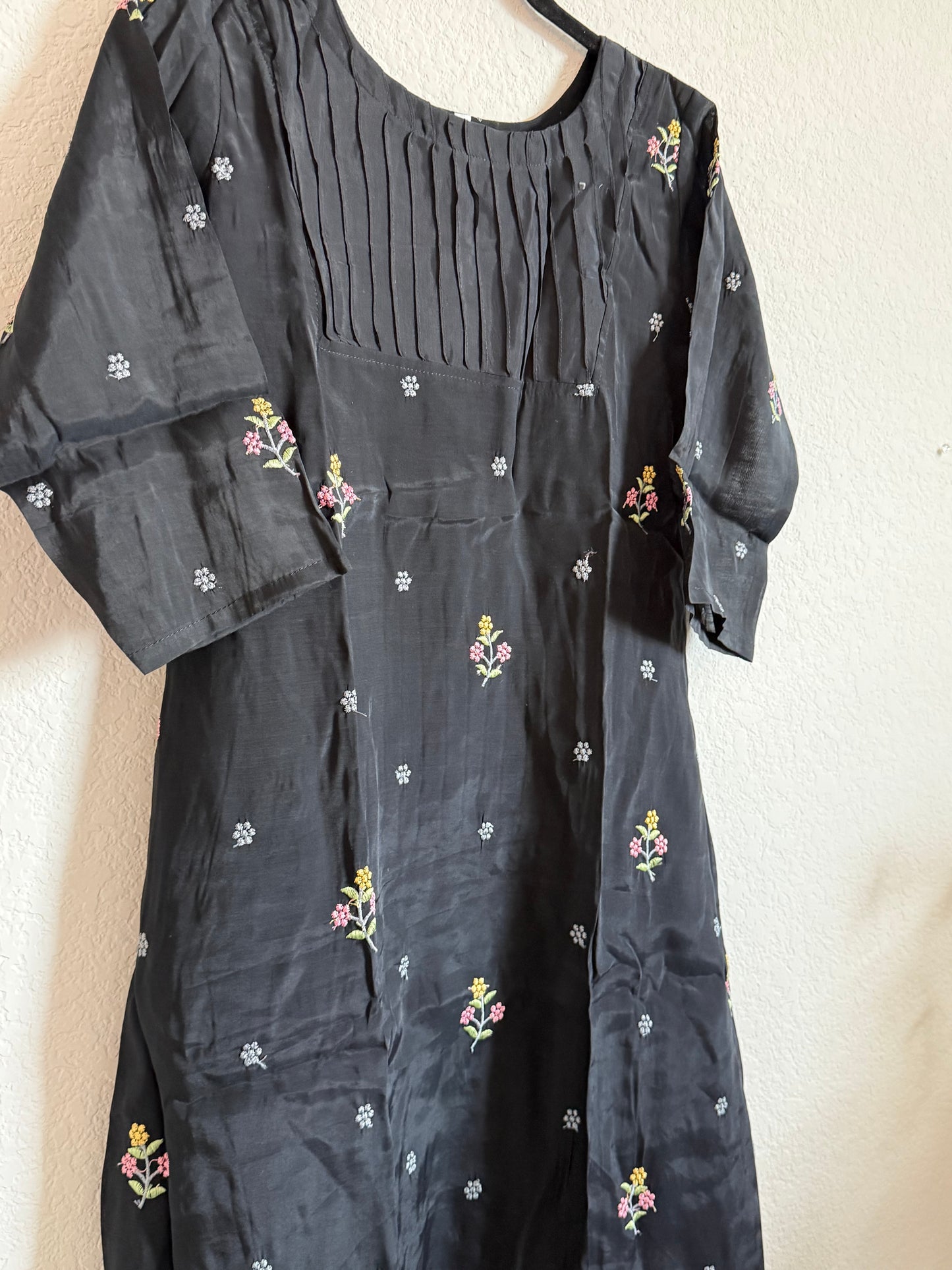 Black Floral Embroidered Mul Chanderi A-line Kurti
