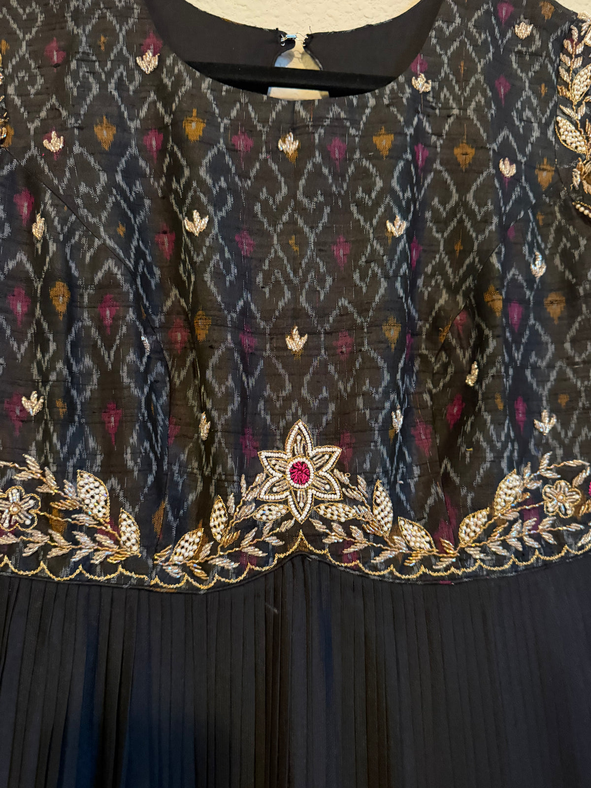 Black Raw Silk Ikkath Maggam Work Designer Long Dress with Short Sleeve