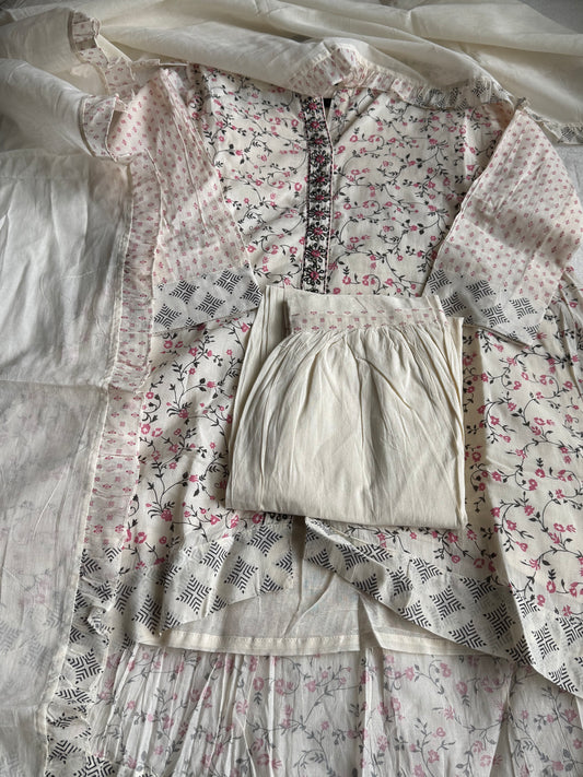 Cotton high low half white with pink kurti set