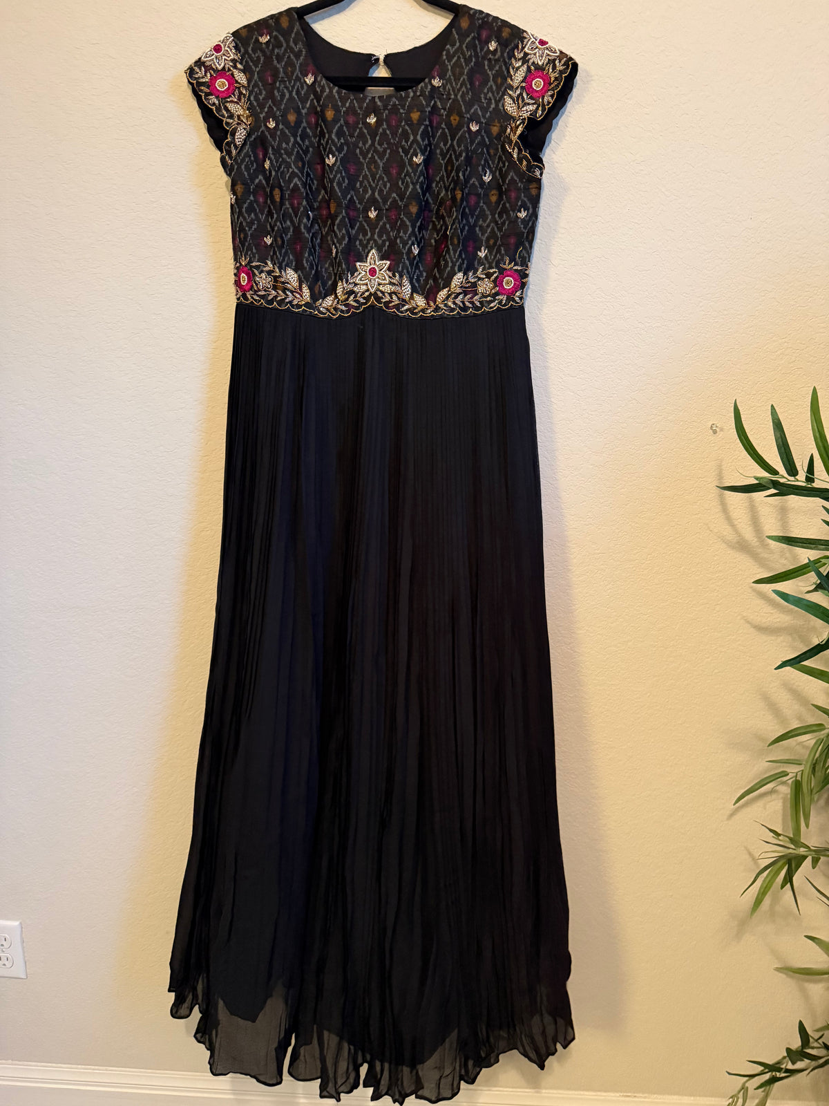 Black Raw Silk Ikkath Maggam Work Designer Long Dress with Short Sleeve
