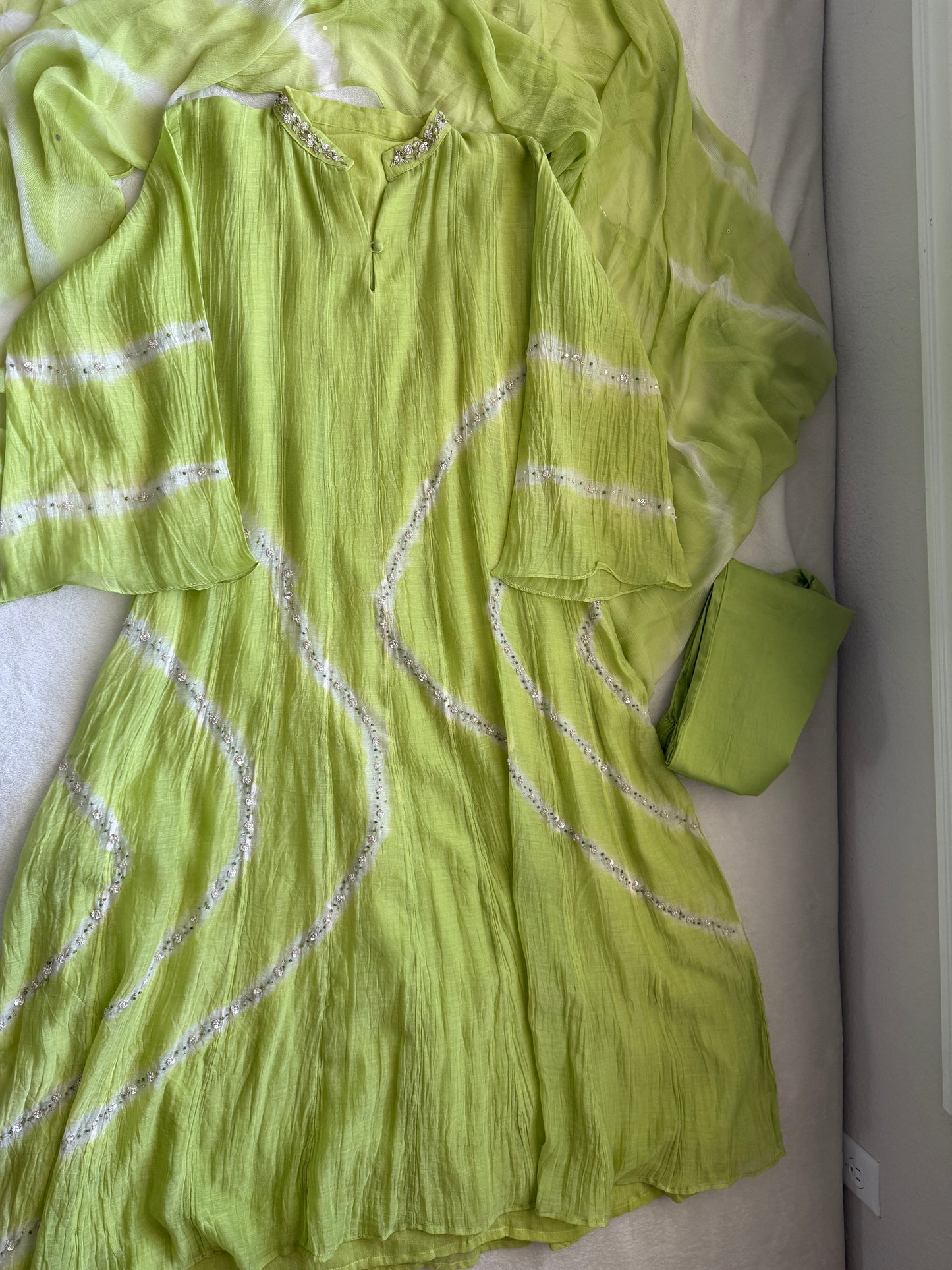 Parrot green mul chanderi A-line kurti set with chiffon dupatta