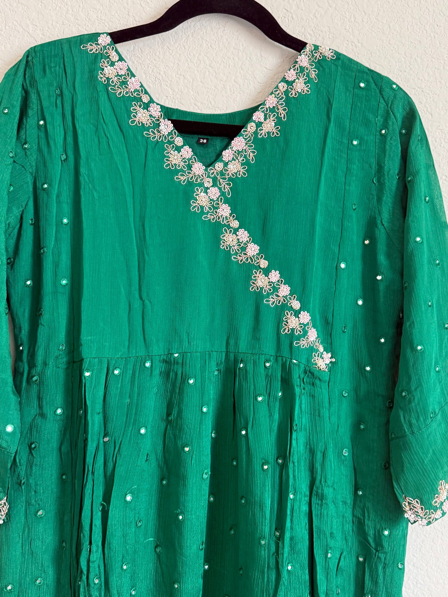 Green chinnon mirror maggam work tunic