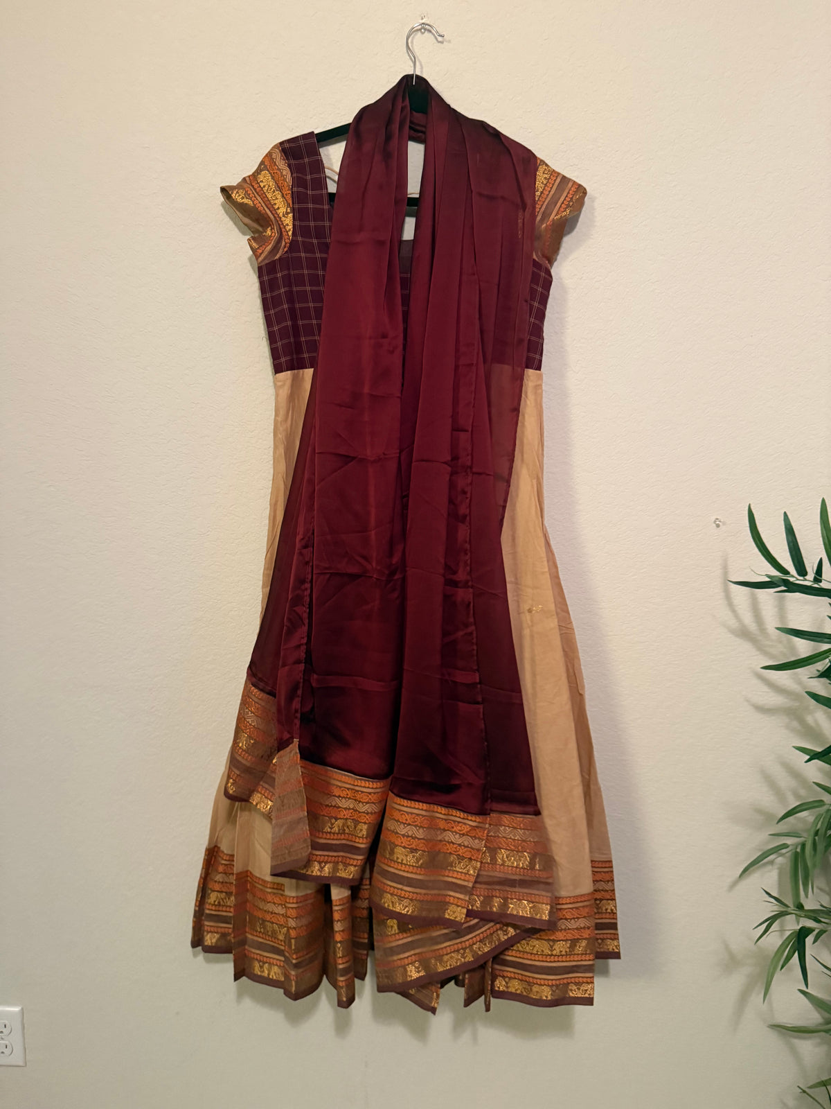 Premium Cream and Maroon Cotton Traditional Anarkali Set - Top and Dupatta