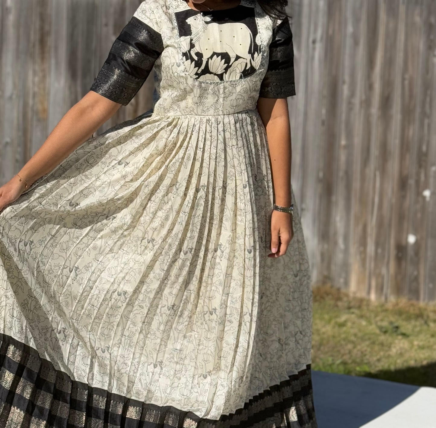 Black and white pichwai kalamkari pleated anarkali with net dupatta