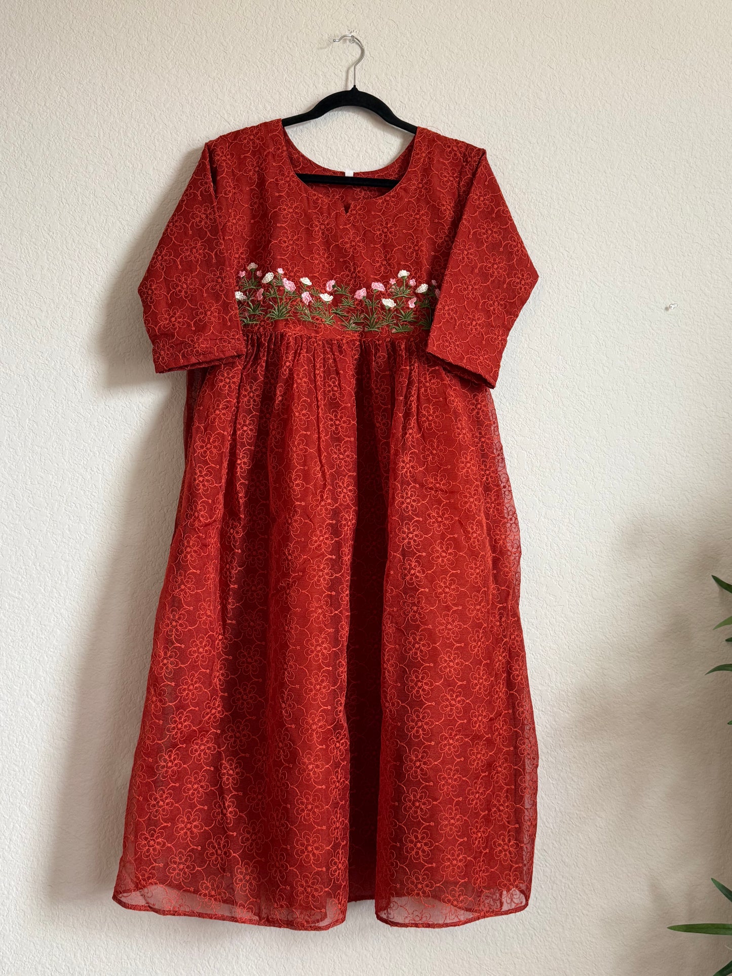 Rust Orange Net Kota Embroidered Frock