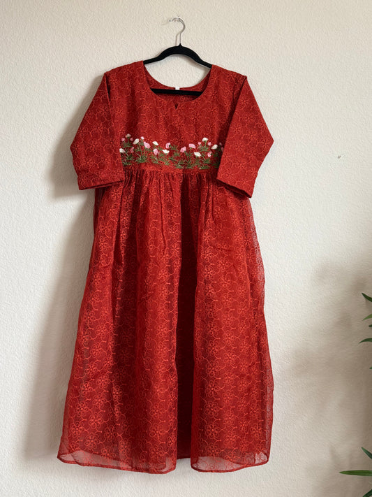 Rust Orange Net Kota Embroidered Frock