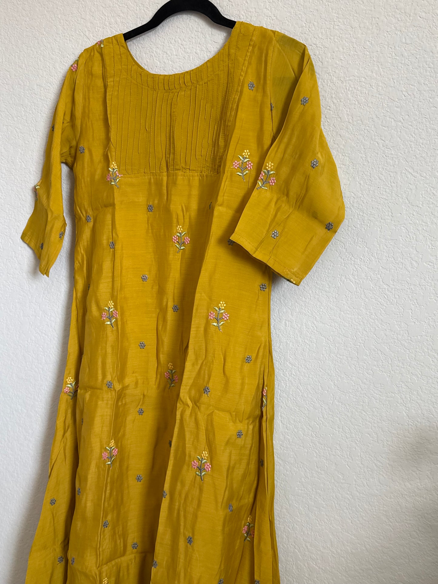 Yellow Floral Embroidered Mul Chanderi A-line Kurti