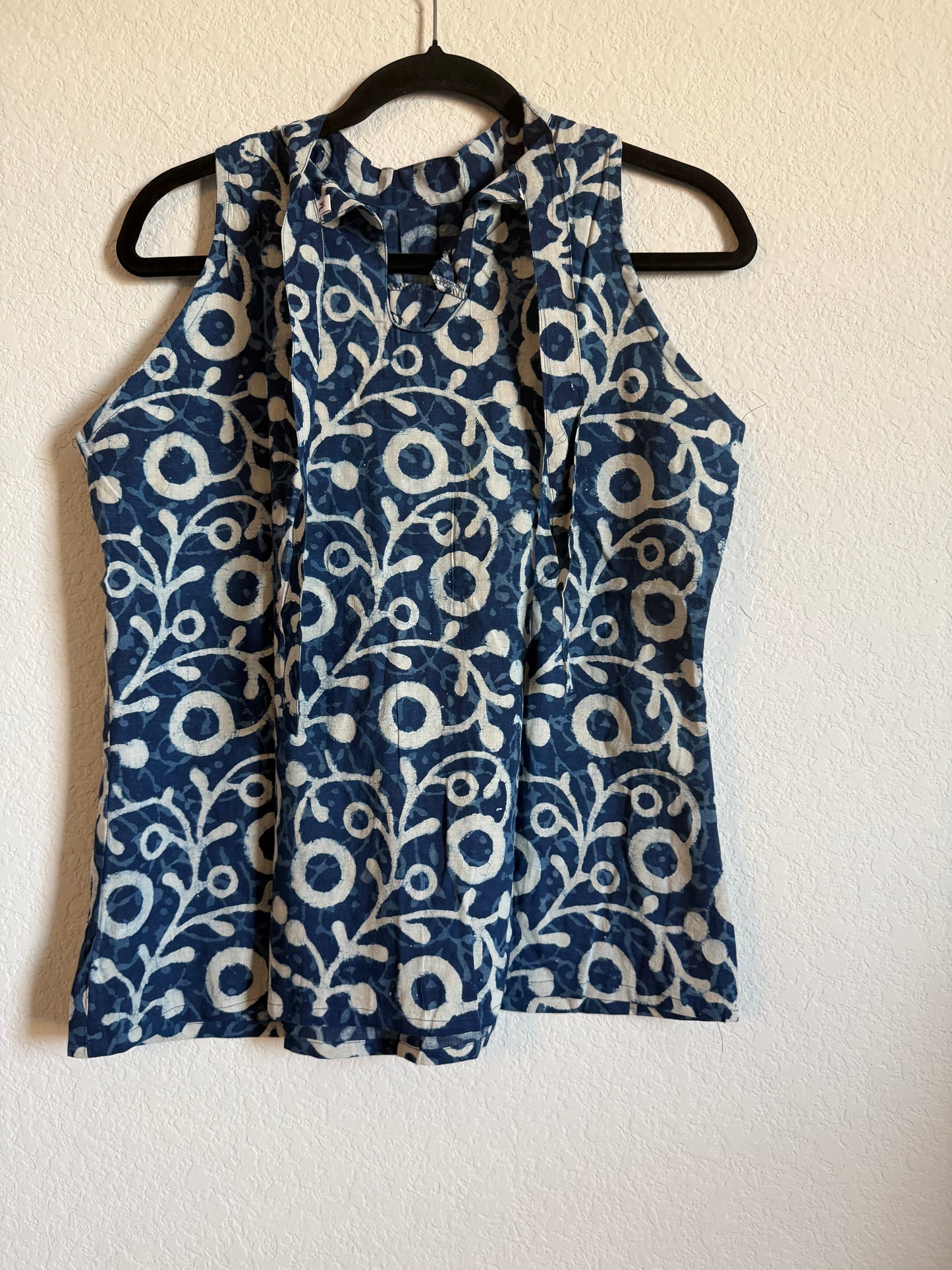 Indigo Blue Cotton Sleeveless Halter Neck Short Top