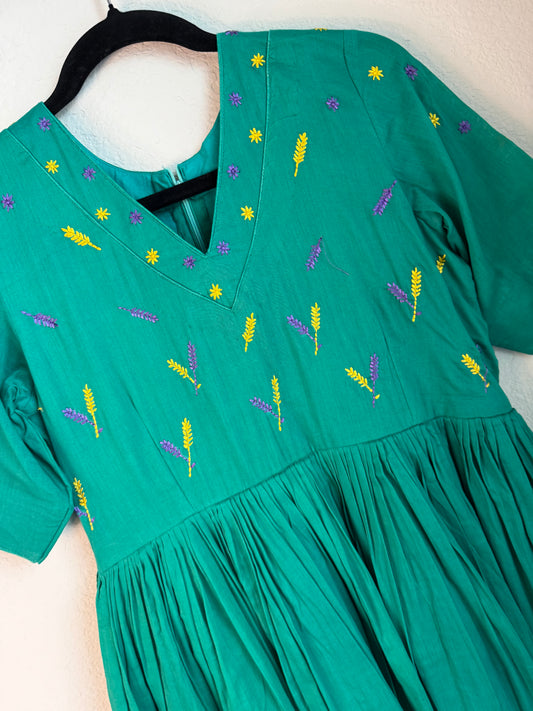 Green mul cotton embroidered frock
