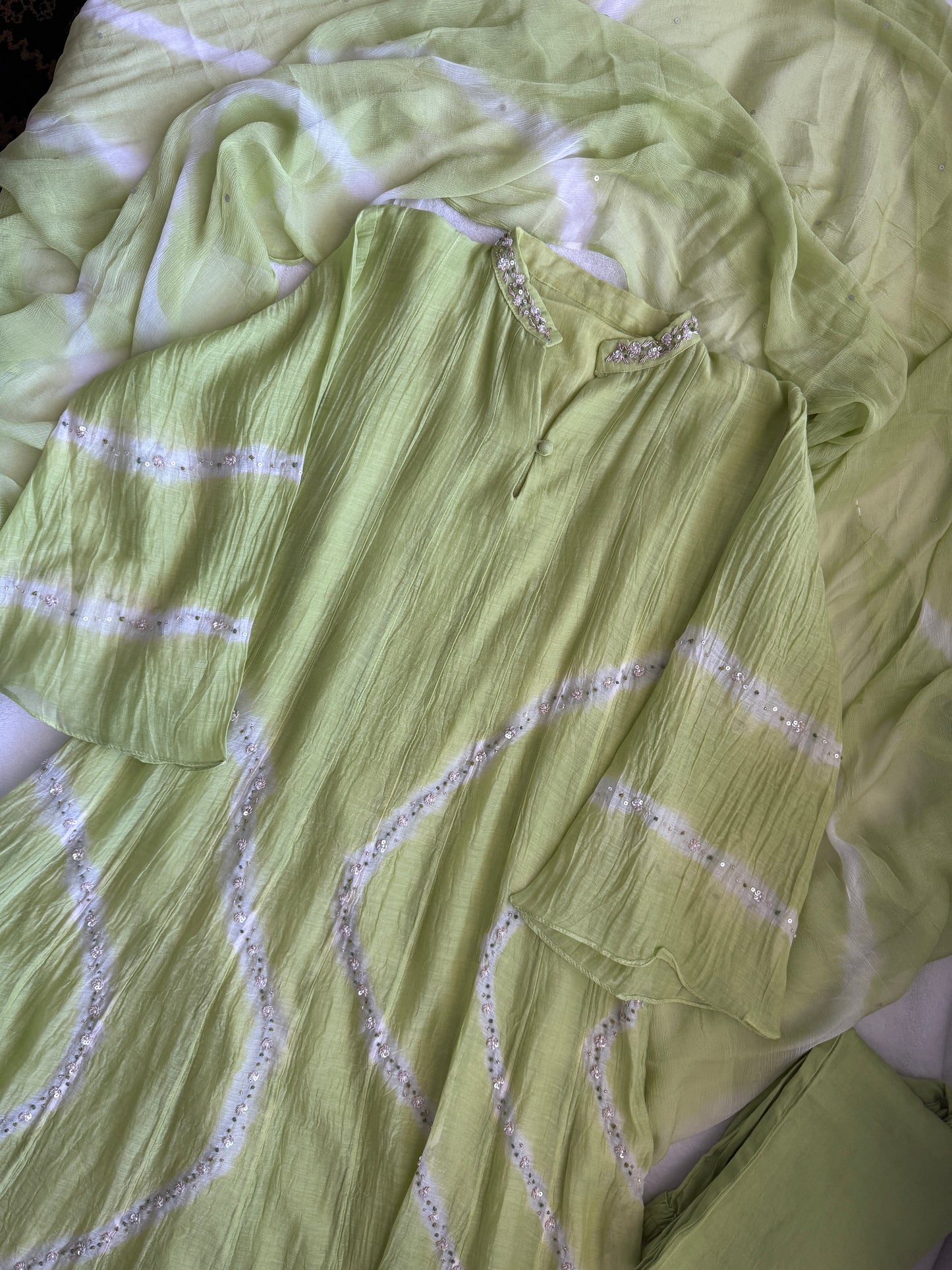 Parrot green mul chanderi A-line kurti set with chiffon dupatta