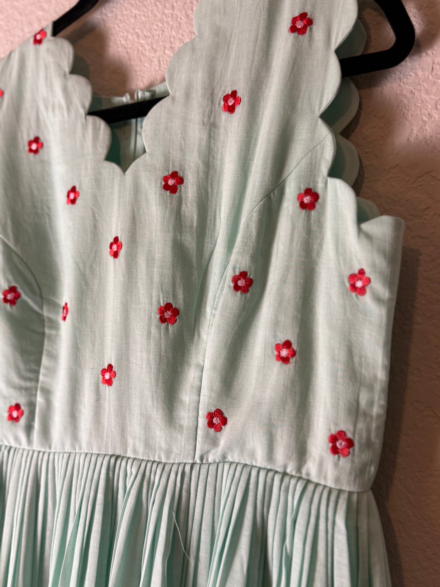 Sea Green Mul Cotton Scalloped Sleeveless Dress