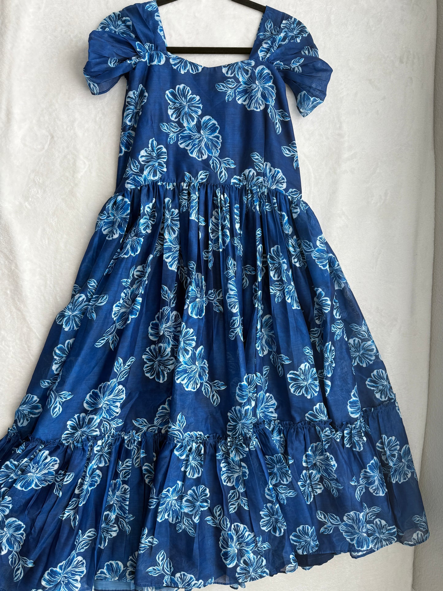 Blue floral chanderi swan sleeve midi dress