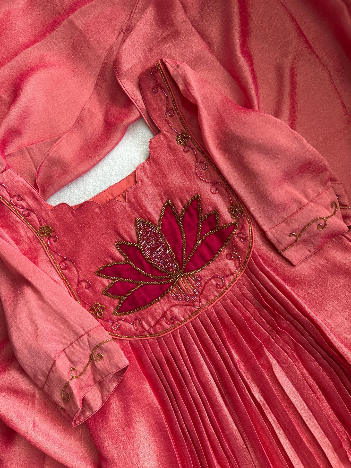 Peach shade lotus handwork customized anarkali set