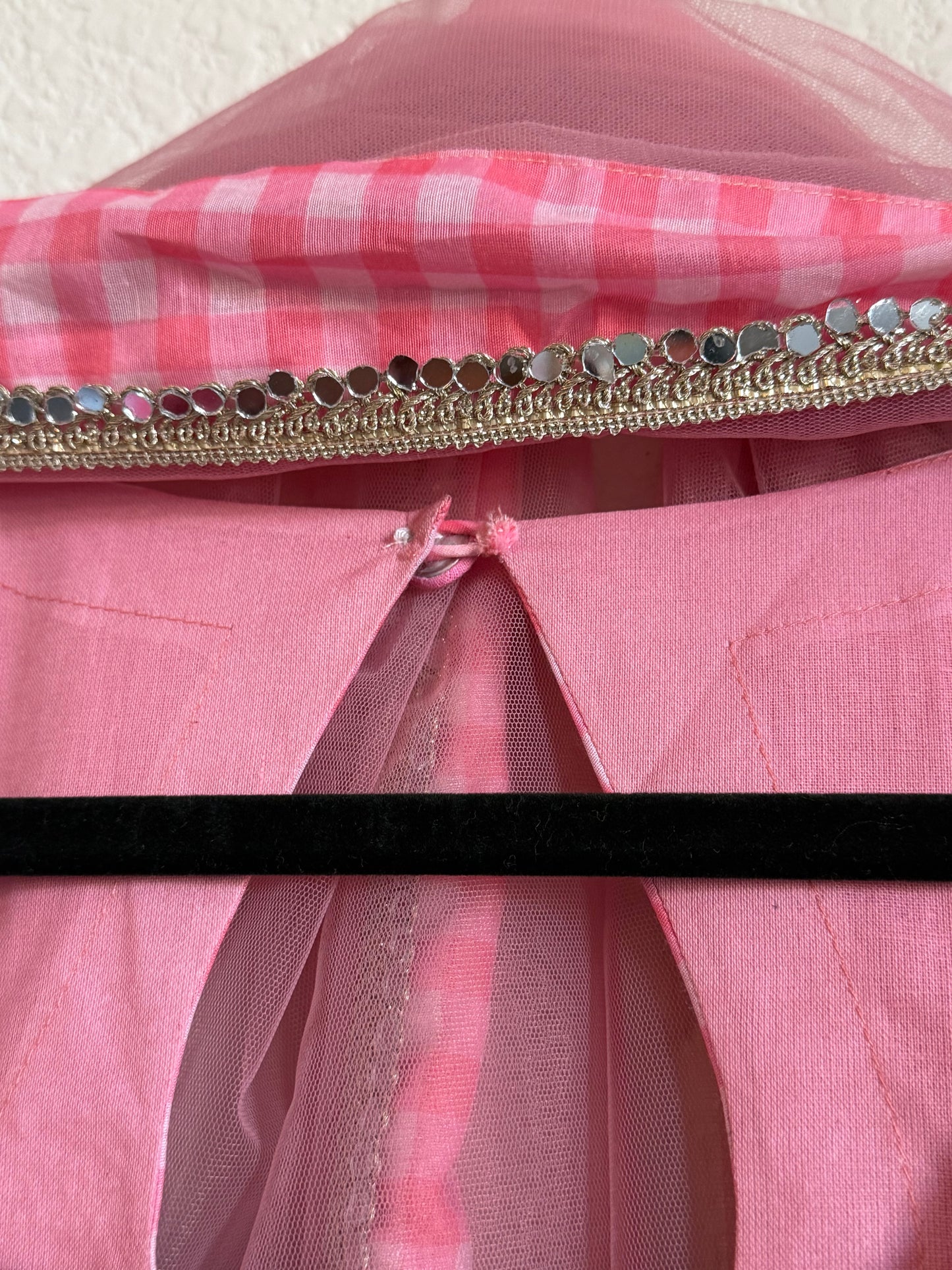 Light Pink checks heavy mirror work anarkali set - top with dupatta