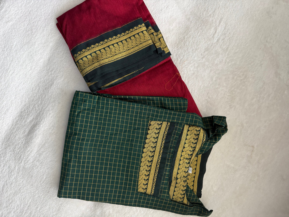 Green with Maroon Handloom Checks Top and Dupatta Set