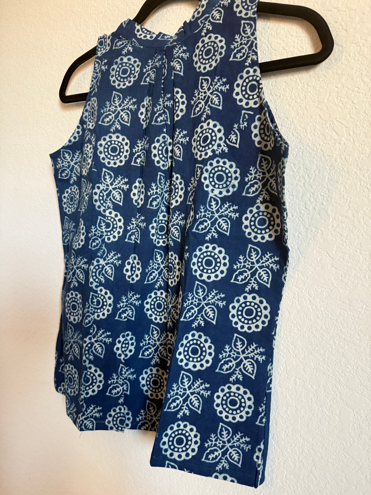 Indigo Blue Cotton Sleeveless Halter Neck Short Top