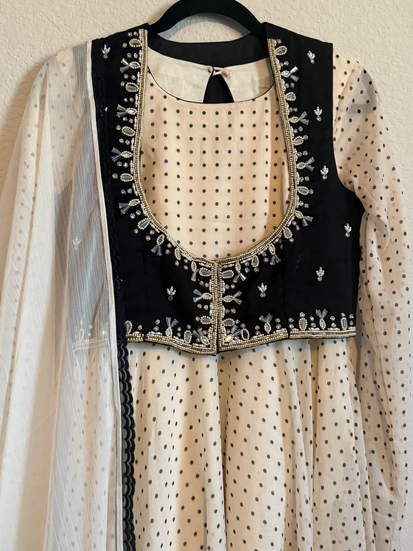 Half White Polka Dot Heavy Flared Georgette Full Sleeve Anarkali with Maggam Work Coat - Top + Dupatta
