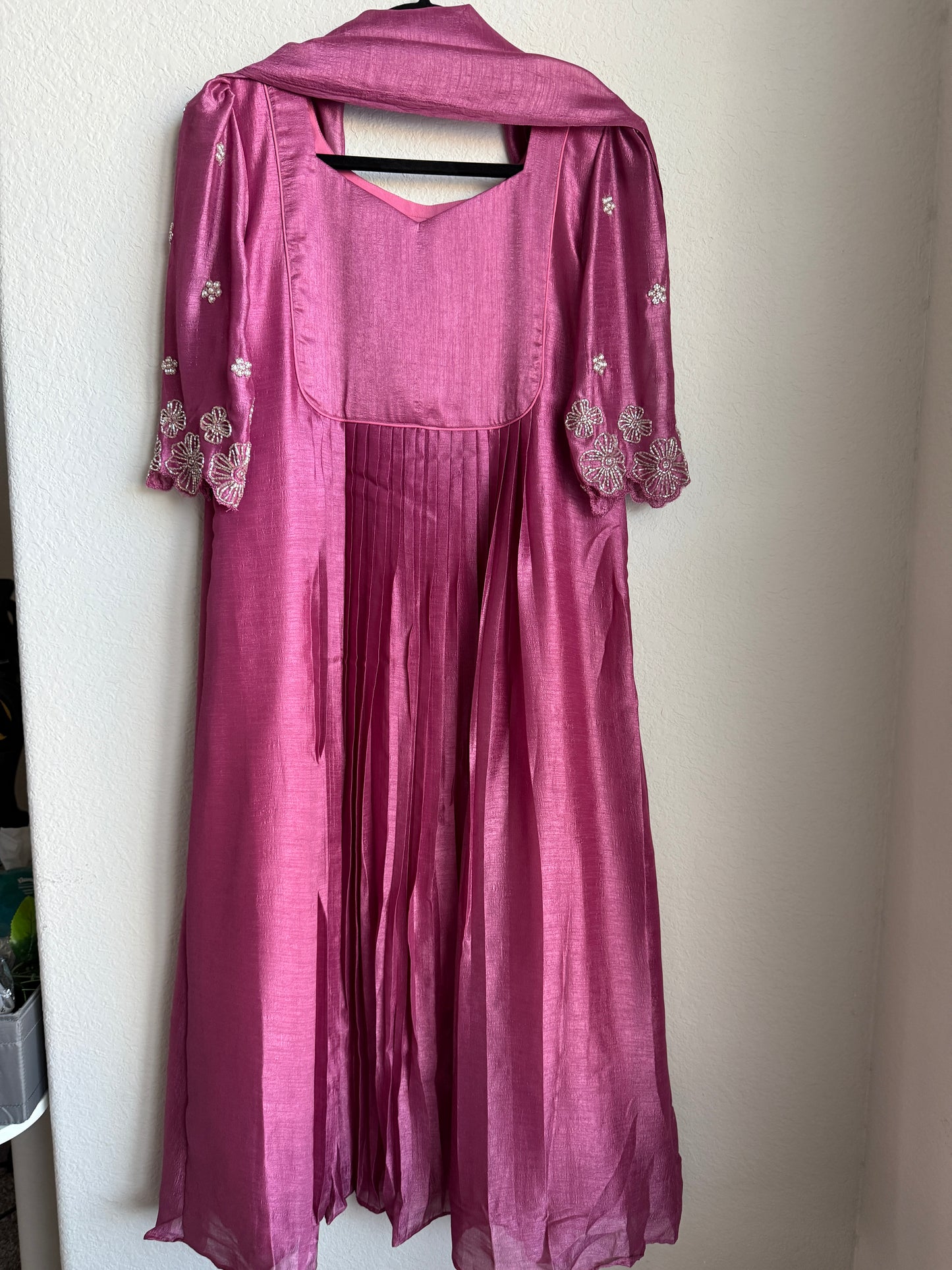 Magenta shade blooming silk handwork pleated anarkali set